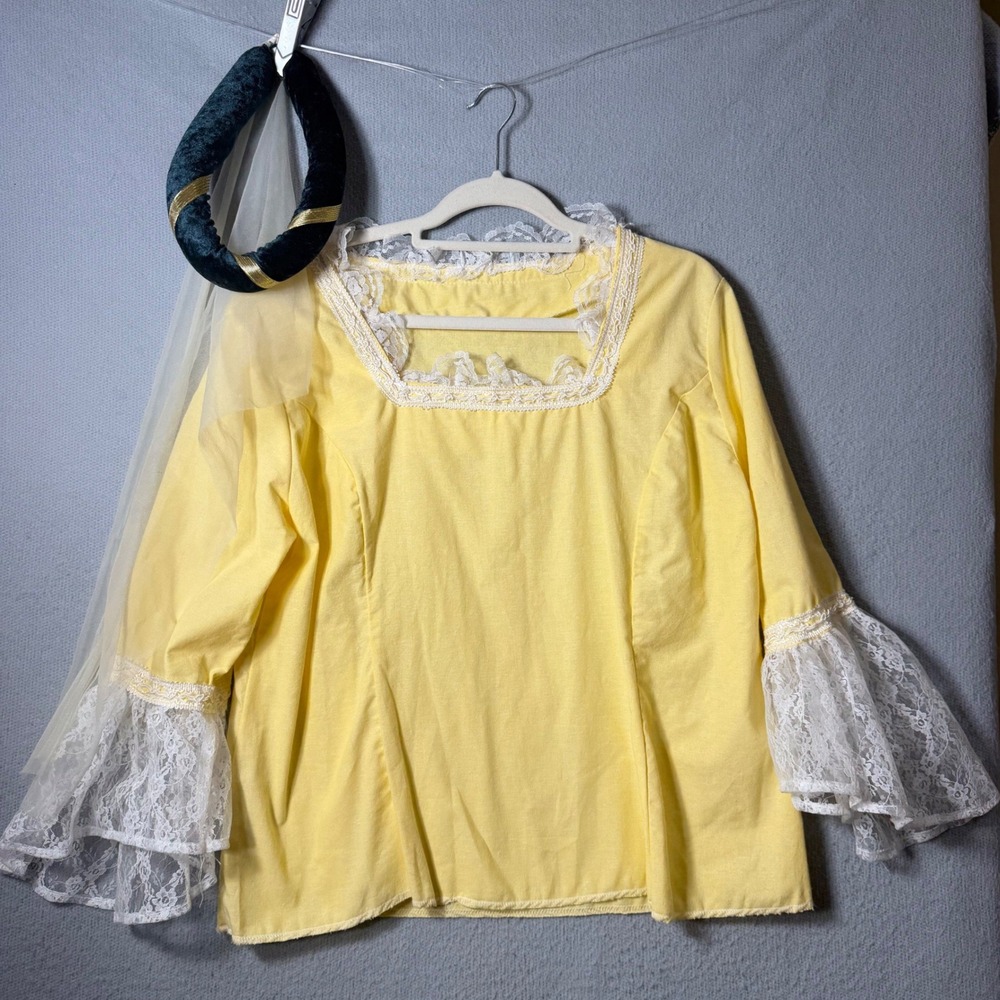 Vintage Handmade Renaissance Costume Top Yellow Lace Bell Sleeve with Headpiece